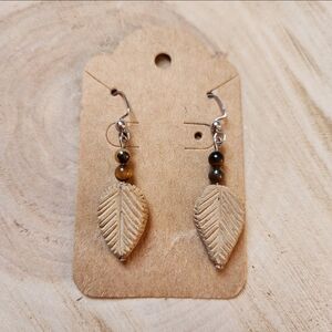 NEW Artisan Tigers Eye Leaf Dangle Earrings Clay Silver Handmade Gem Crystal